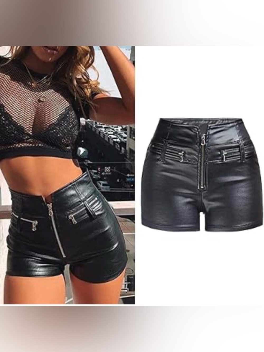 Ramisu collection Black Faux Leather Women’s hot pants Shorts with Front Zip XS